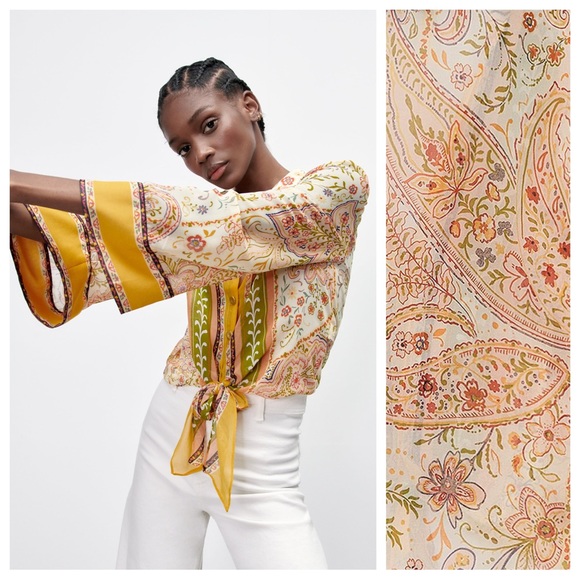 NWT. Zara Cream/Beige Paisley Printed Chiffon Blouse. Size L. - Picture 2 of 10